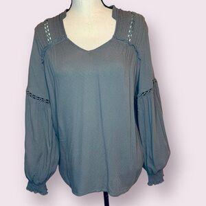 Pleione Boho Balloon Sleeve Top Smocked Cuffs Gray Size Medium
